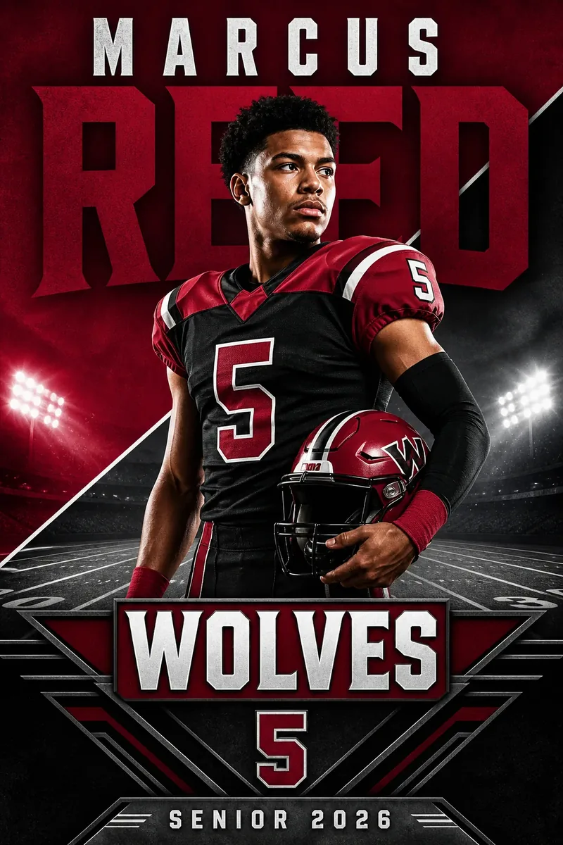 Custom sports player banner with athlete photo, name and number